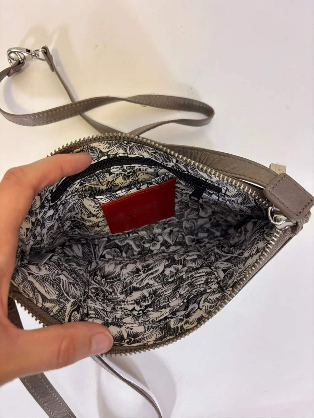 HOBO Gray Leather Crossbody & Shoulder Purse with Dual Zip Pockets on front